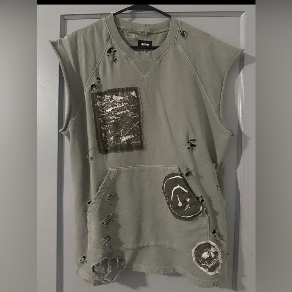 Hudson Jeans Distressed Gray Sleeveless Hoodie